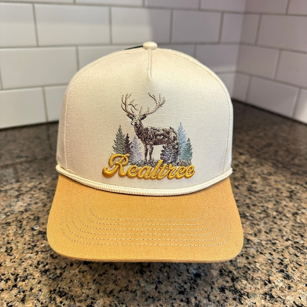Realtree Trucker Hat Deer Forest Scene Snapback Adjustable Beige Tan Gold New